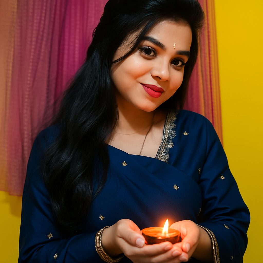 A joyful young woman in traditional attire, holding a small decorative bowl filled with glowing lights in her hands