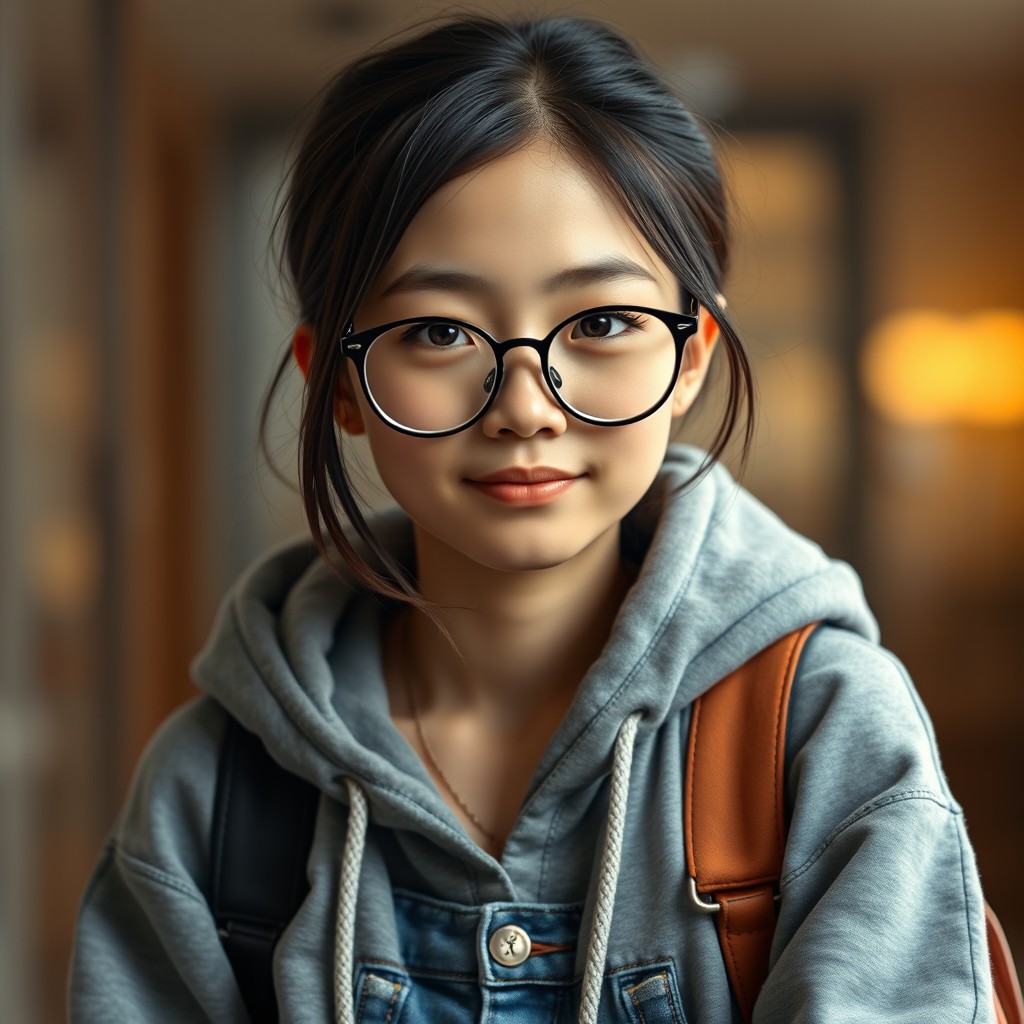 A realistic portrait of a cute, nerdy Chinese girl named Chloe, age 17, with a hint of resting bitch face