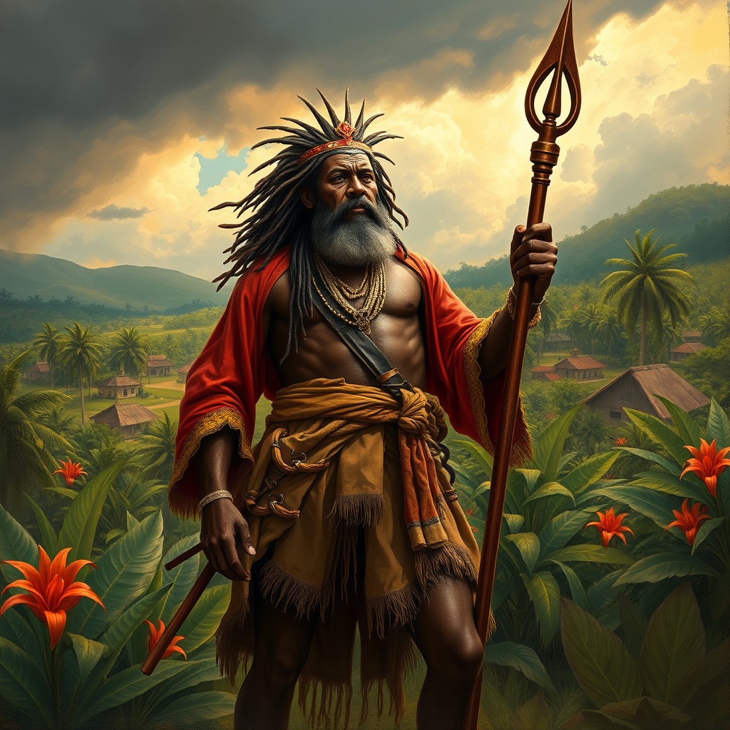 An artistic representation of the French Colonial Era, focusing on the figure of Mackandal, a historical maroon leader known for his resistance against colonial oppression in Saint-Domingue