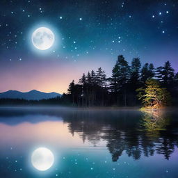 A serene night sky filled with twinkling stars and a glowing moon, reflecting off a tranquil body of water.