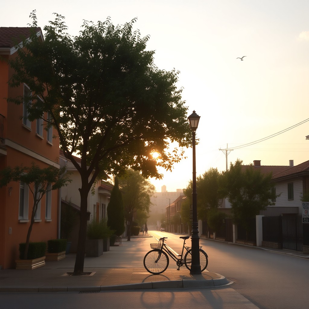 A serene semi-urban street at dawn, bathed in soft golden sunlight