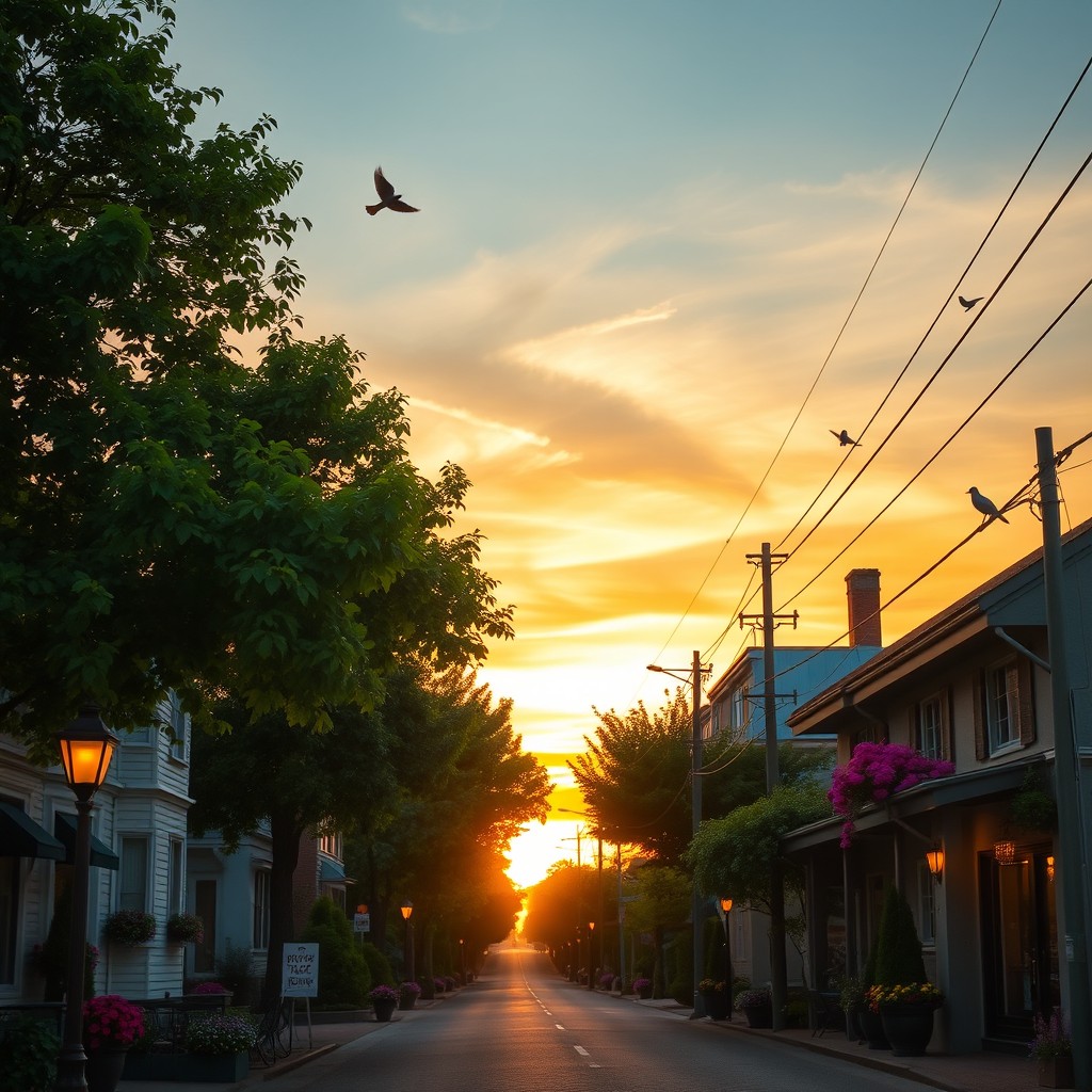 A tranquil semi-urban street at dawn, illuminated by soft, warm light as the sun begins to rise
