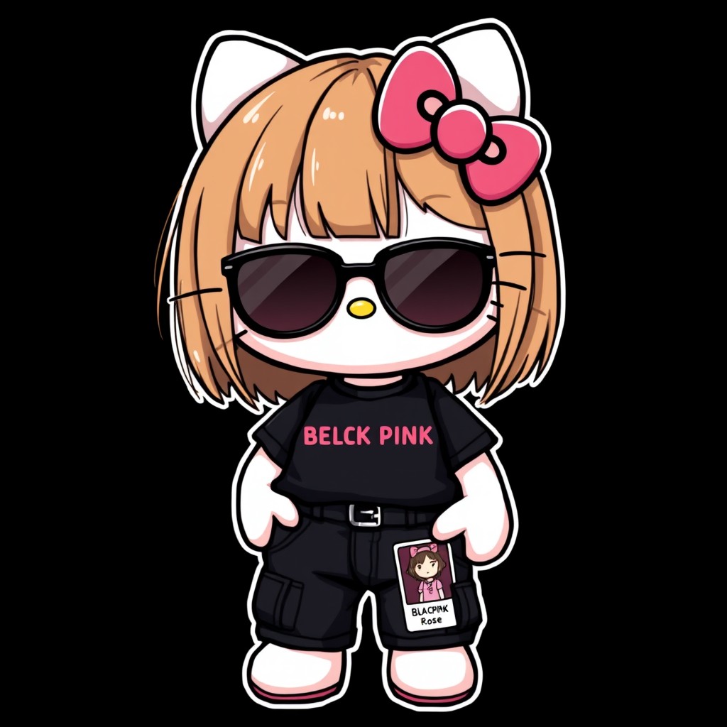 A charming and playful character inspired by Hello Kitty, featuring straight brown hair, dressed in a black BLACKPINK t-shirt and black cargo pants