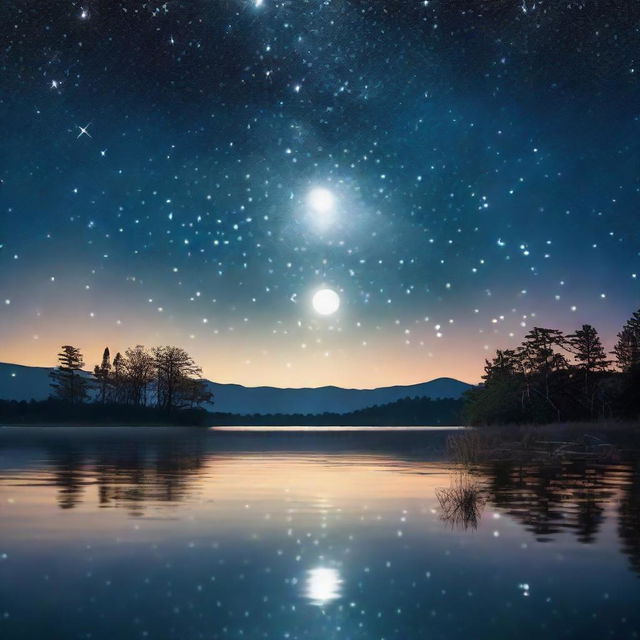 A serene night sky filled with twinkling stars and a glowing moon, reflecting off a tranquil body of water.