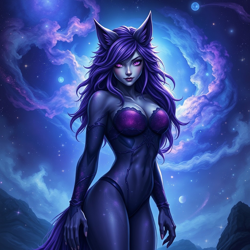 A female werewolf with striking purple hair and purple eyes, embracing her mystical powers
