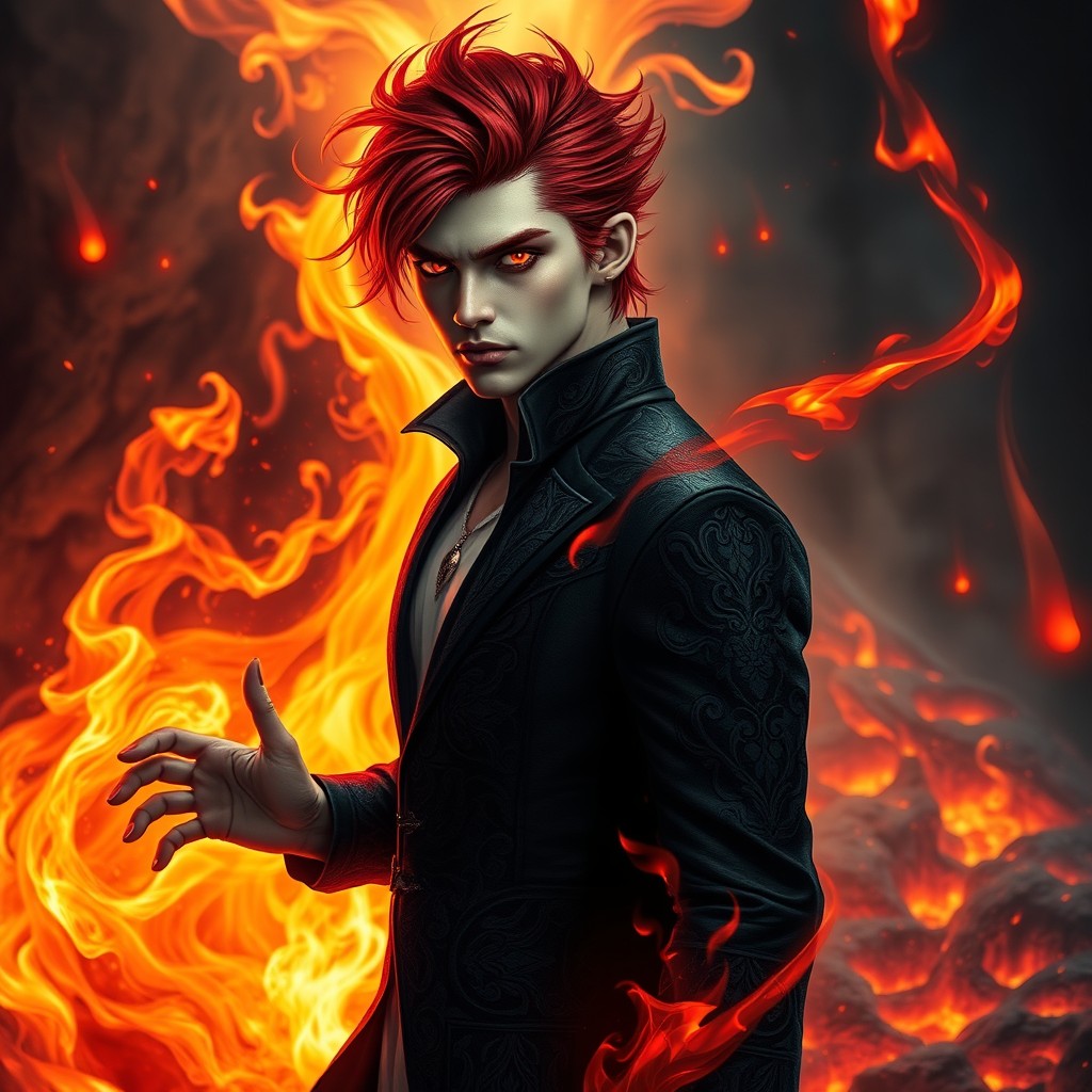 A male vampire with striking red hair and piercing red eyes, exuding an aura of dark allure and power