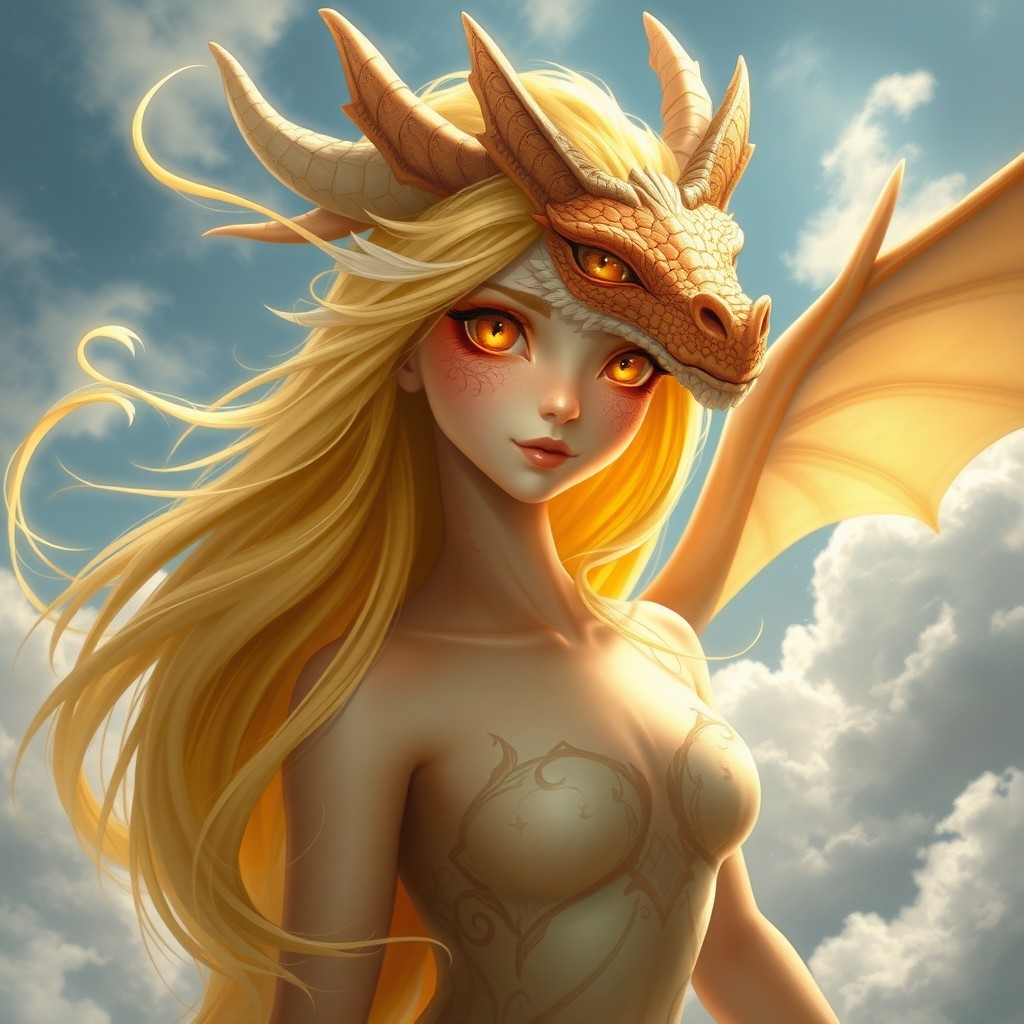 A female dragon with a charmingly human appearance, featuring long, flowing yellow hair and captivating golden eyes that radiate wisdom and power