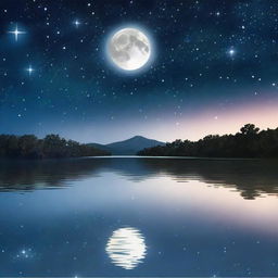 A serene night sky filled with twinkling stars and a glowing moon, reflecting off a tranquil body of water.