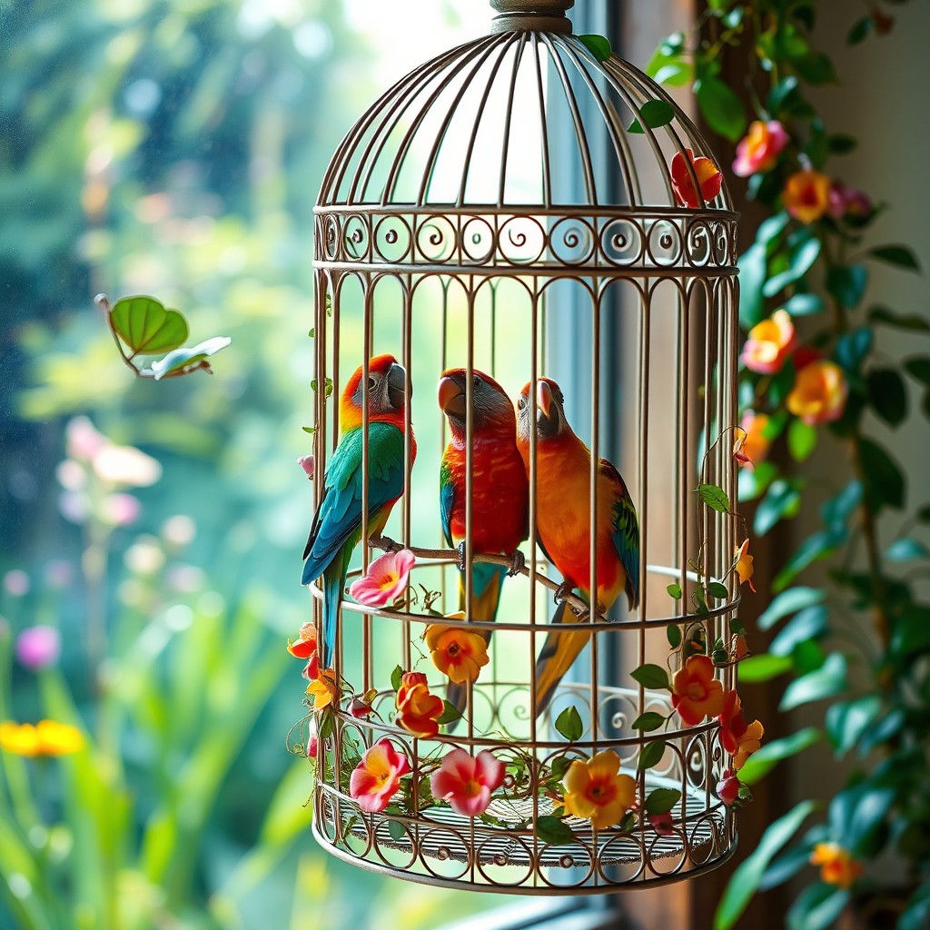 A beautifully designed birdcage made of intricate wrought iron, featuring delicate patterns and a vintage charm