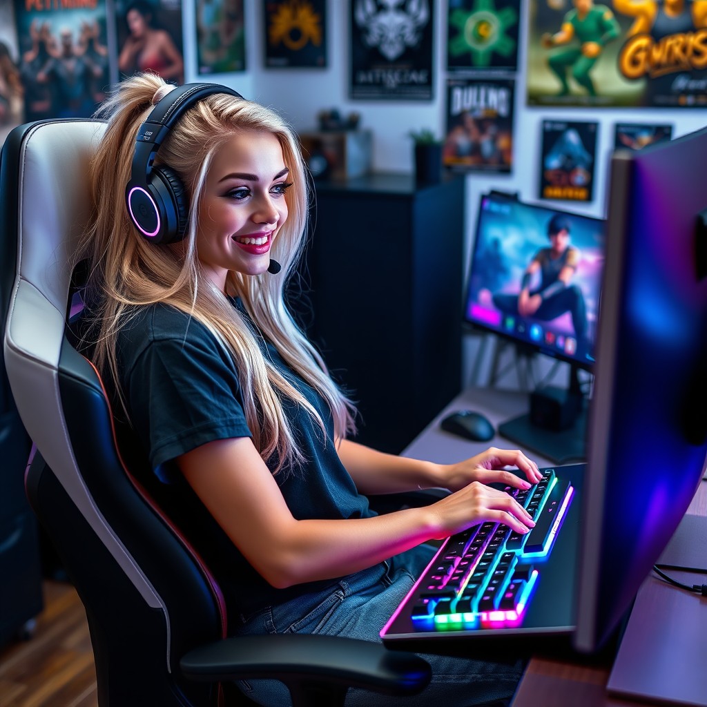 A stylish blonde gamer girl sitting in a modern gaming chair, wearing trendy gaming headphones and a colorful gaming keyboard in front of her, illuminated by RGB lights