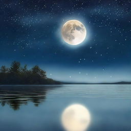 A serene night sky filled with twinkling stars and a glowing moon, reflecting off a tranquil body of water.