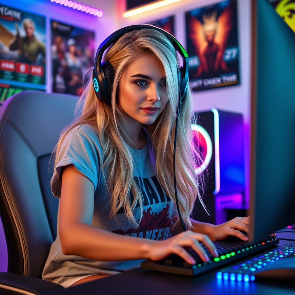 A beautiful blonde female PC gamer with long hair, intensely focused on her computer screen while gaming