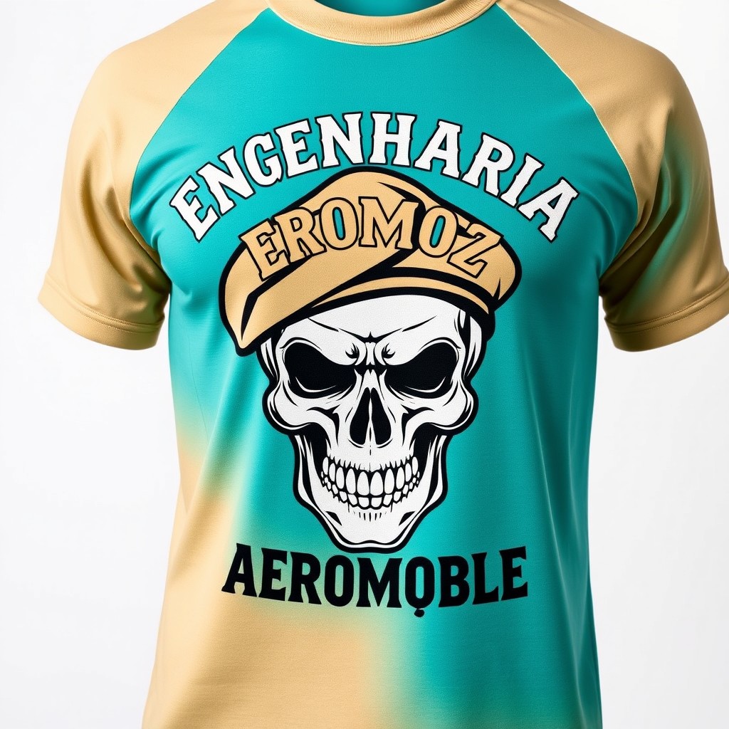 A polyester t-shirt with turquoise and beige colors featuring a bold design of a skull wearing a beige army beret