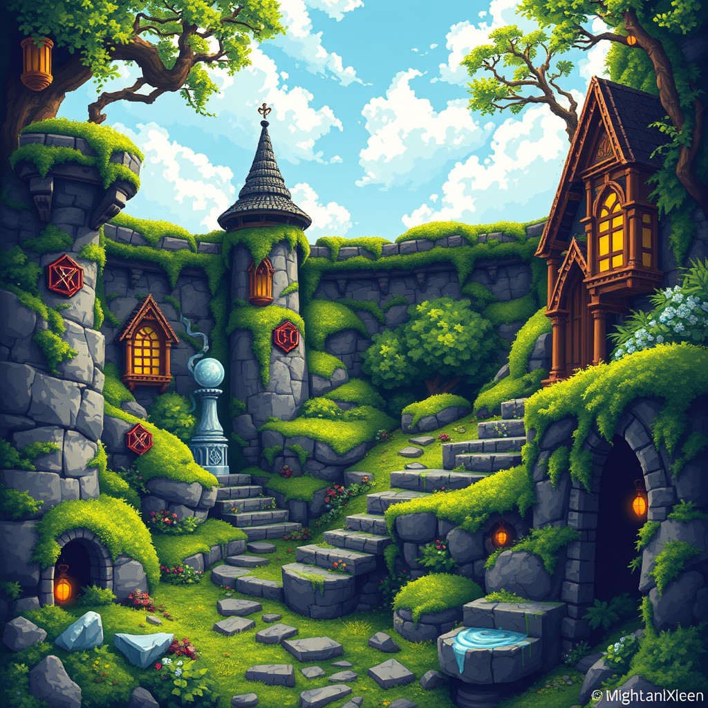 A beautifully crafted pixel art wall inspired by the game Might and Magic: World of Xeen