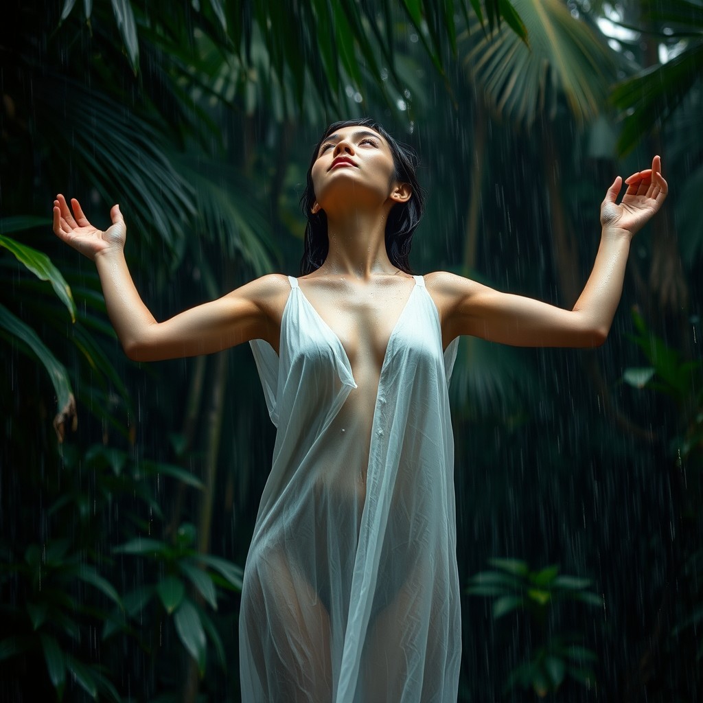 A serene woman standing in a tropical downpour, wearing only a single layer of hand-woven muslin, white and gauzy