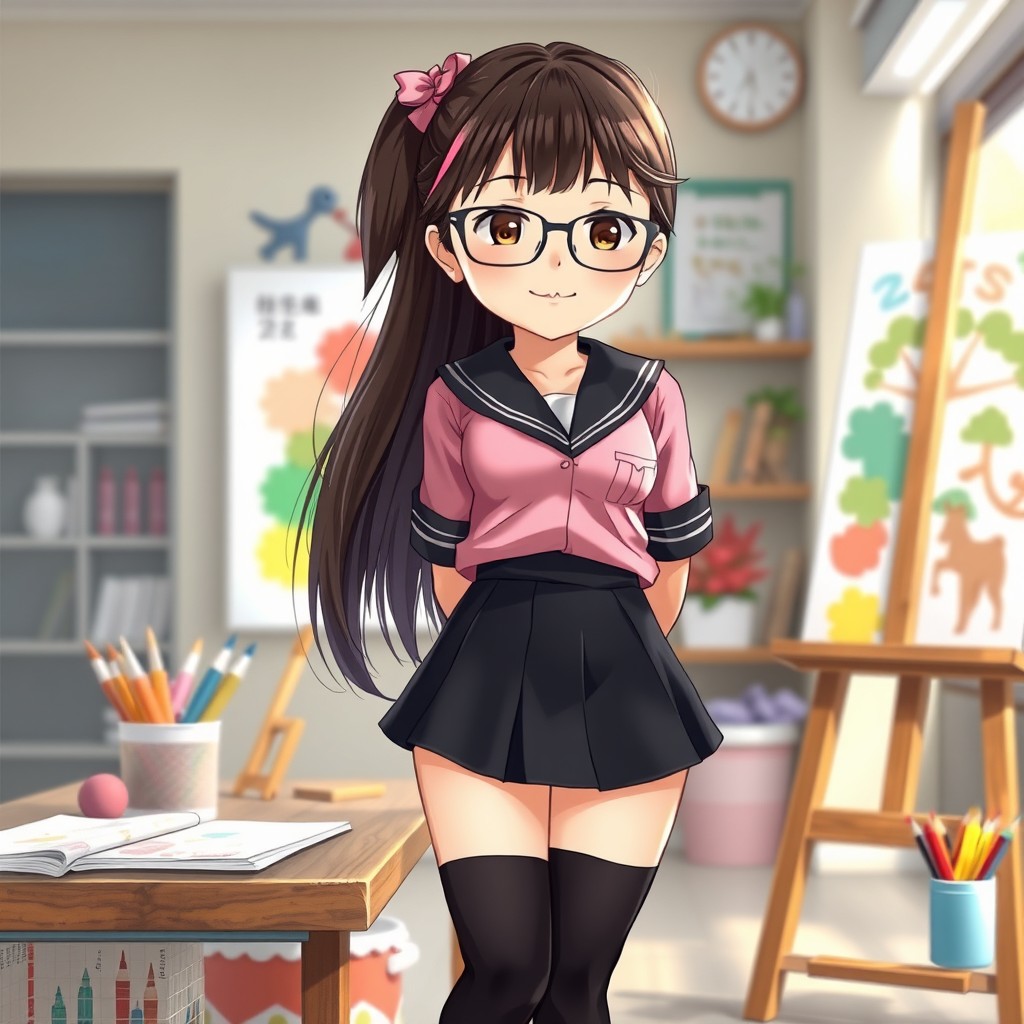 A cute Chinese girl in a high school art class, approximately 17 years old, with an hourglass figure, long dark brown hair with pink highlights, wearing stylish glasses