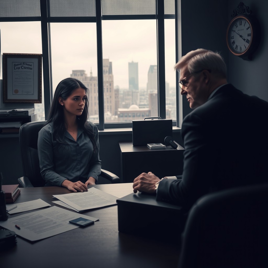 A tense scene inside a prosecutor's office where a female suspect sits across from a stern prosecutor