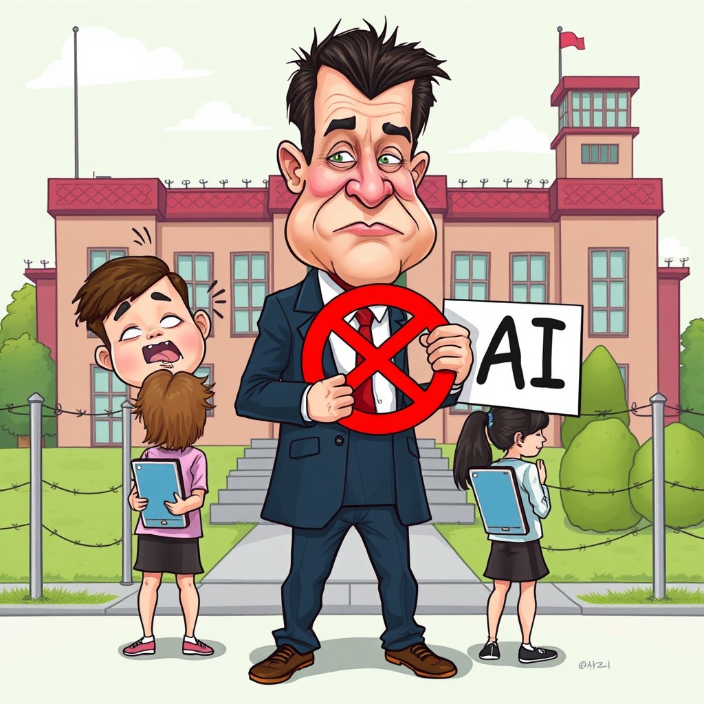 A satirical caricature of a school that is taking strict measures to stop the use of AI technology among its students
