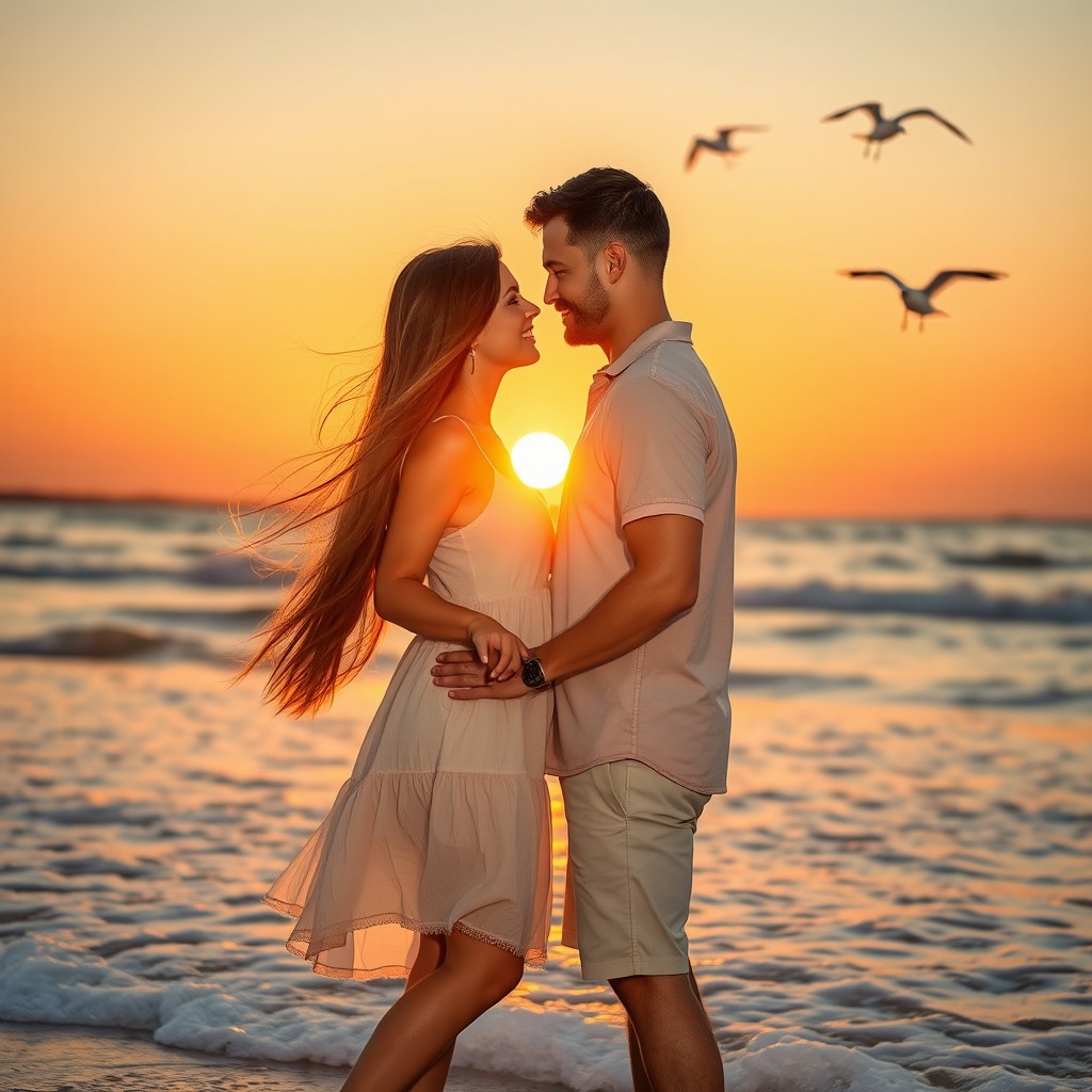 A romantic scene of a couple sharing a tender moment during sunset at a beach