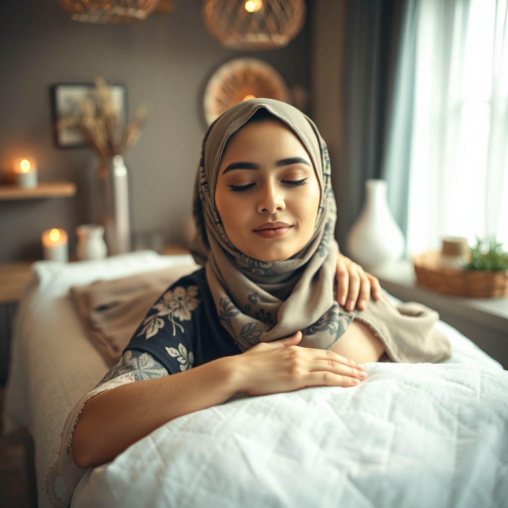 A serene and calming scene featuring a woman wearing a beautifully patterned hijab, depicted in a tranquil spa setting