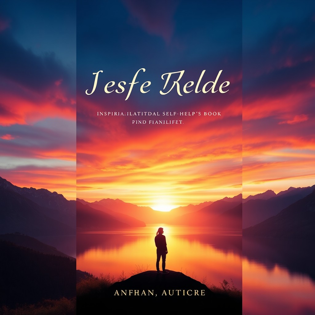A captivating book cover design that features an ethereal landscape with a vibrant sunset casting warm colors across a serene lake, surrounded by majestic mountains