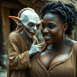 In a medieval village, an elderly female goblin, very small and albino with pure white skin, is portrayed with an emaciated body, sharp decayed teeth, and dressed in a long, fully-closed Buddhist robe