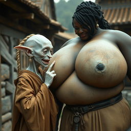 In a medieval village, an elderly female goblin, very small and albino with pure white skin, is portrayed with an emaciated body, sharp decayed teeth, and dressed in a long, fully-closed Buddhist robe