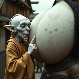 In a medieval village, an elderly female goblin, very small and albino with pure white skin, is portrayed with an emaciated body, sharp decayed teeth, and dressed in a long, fully-closed Buddhist robe