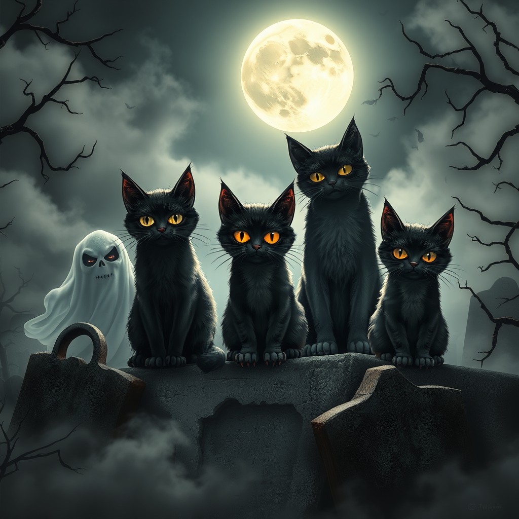 A dark and eerie scene featuring a group of chilling horror-themed cats