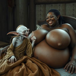 In a medieval bedroom, two characters are lying on a bed