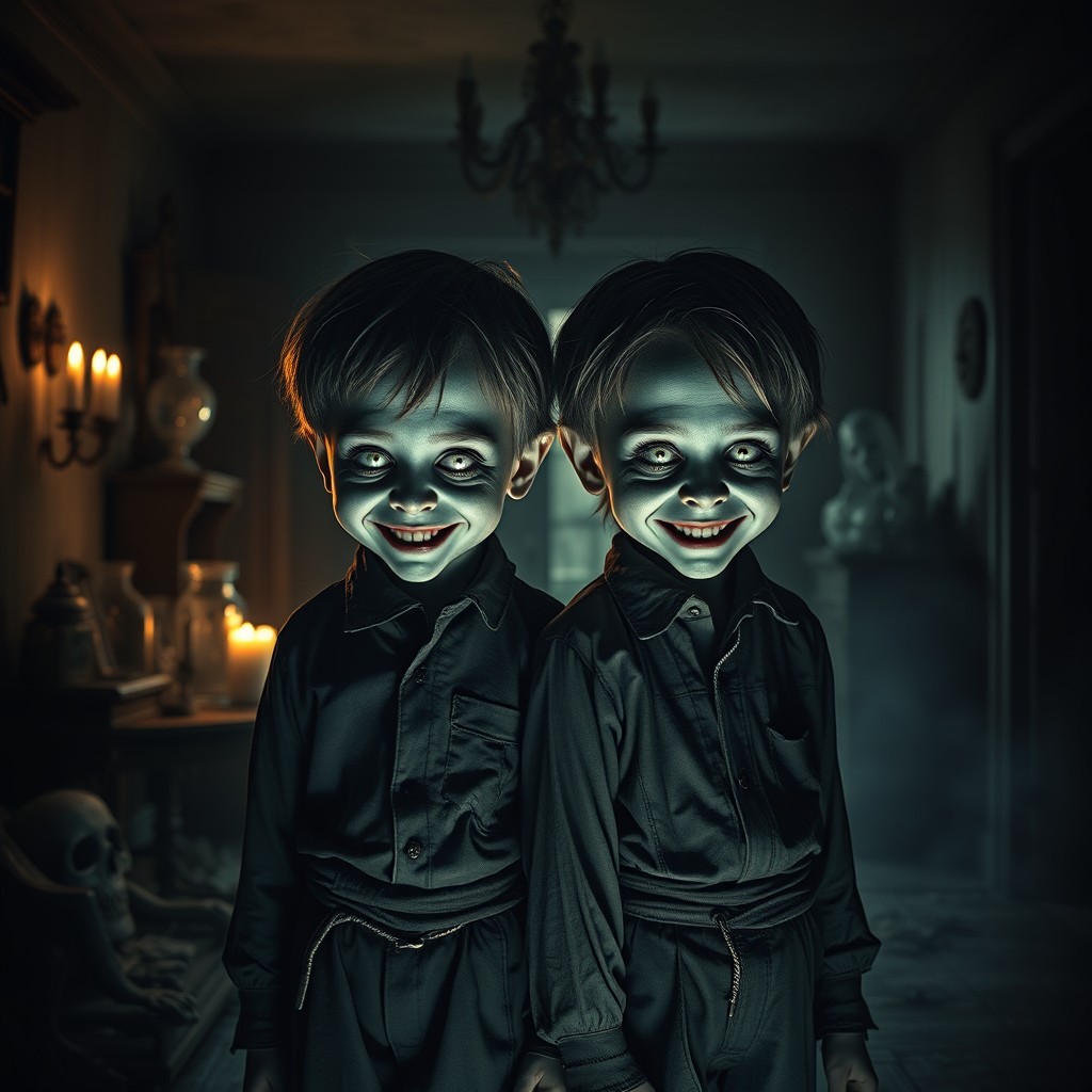 A haunting and unsettling scene featuring two chilling horror-themed twin boys