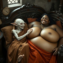 In a medieval bedroom, two characters are lying on an ornate bed