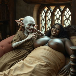 In a medieval bedroom, two characters are lying on a beautifully crafted bed