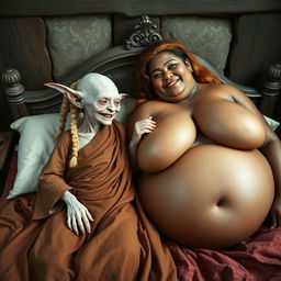 In a medieval bedroom, two characters are lying on a beautifully crafted bed