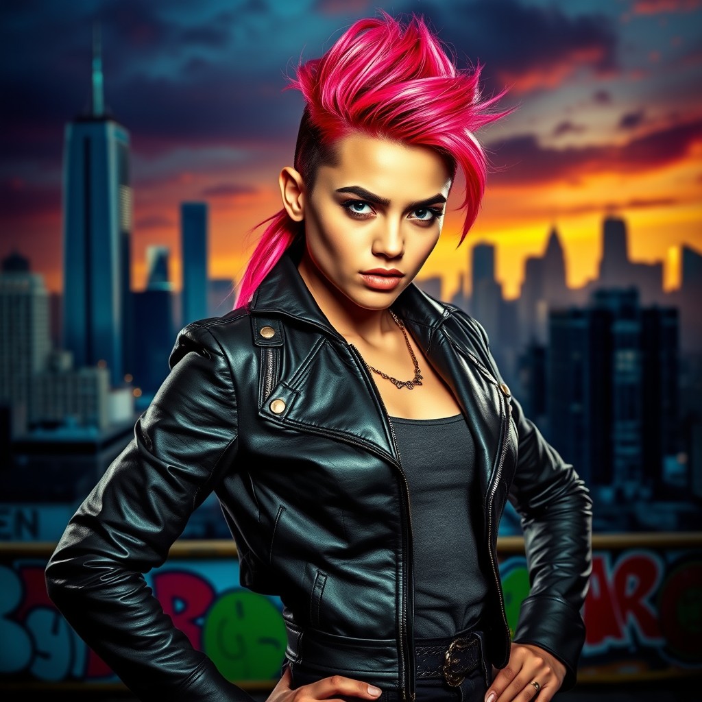 A strong and empowered young woman standing confidently, with a bold expression on her face