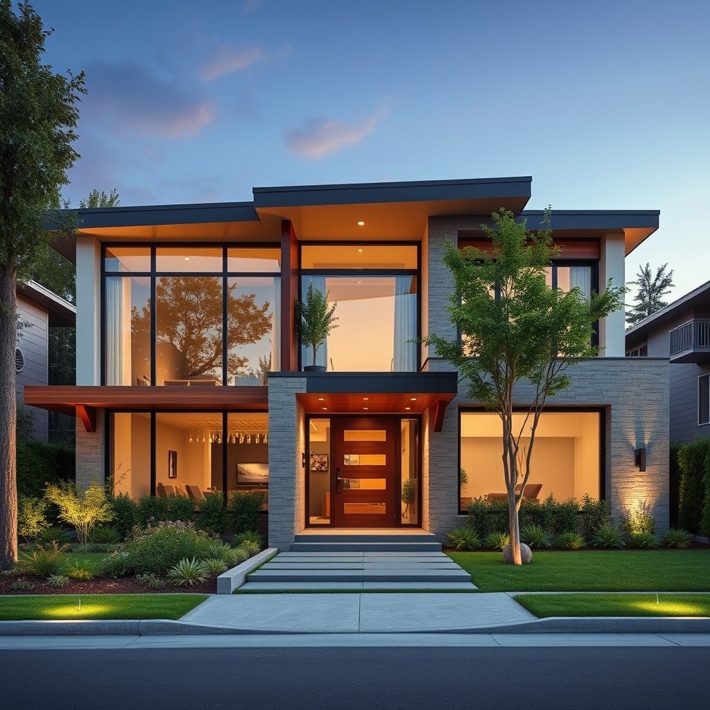 A modern house facade design inspired by a personal photograph, showcasing contemporary architectural elements such as large glass windows, a sleek roofline, and a stylish entrance