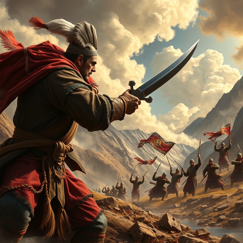 A dramatic scene featuring a fierce Dagestani warrior in traditional attire, fiercely confronting a group of enemy invaders in a rugged mountainous landscape