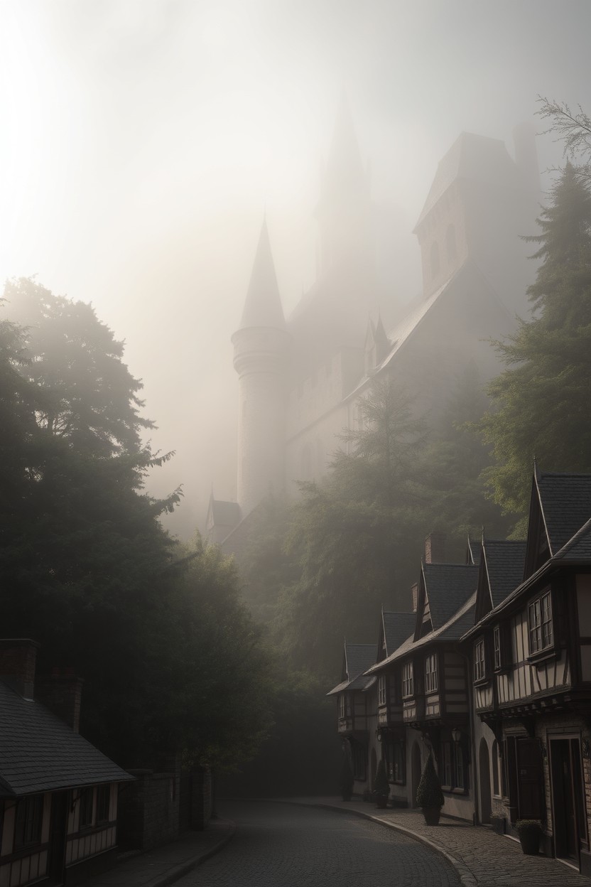 A foggy forest surrounding an old, majestic castle situated in the heart of a quaint town