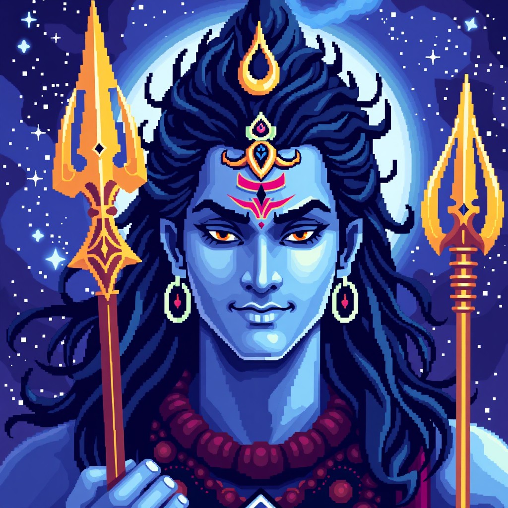 A vibrant and detailed pixel art depiction of Lord Shiva, showcasing his iconic features such as the crescent moon on his head, the snake around his neck, and his trident (trishula)