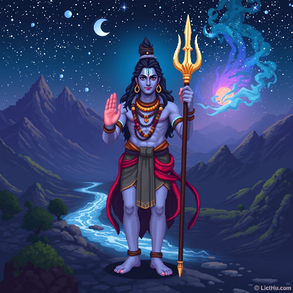 A full-body pixel art representation of Lord Shiva, capturing his majestic and divine presence