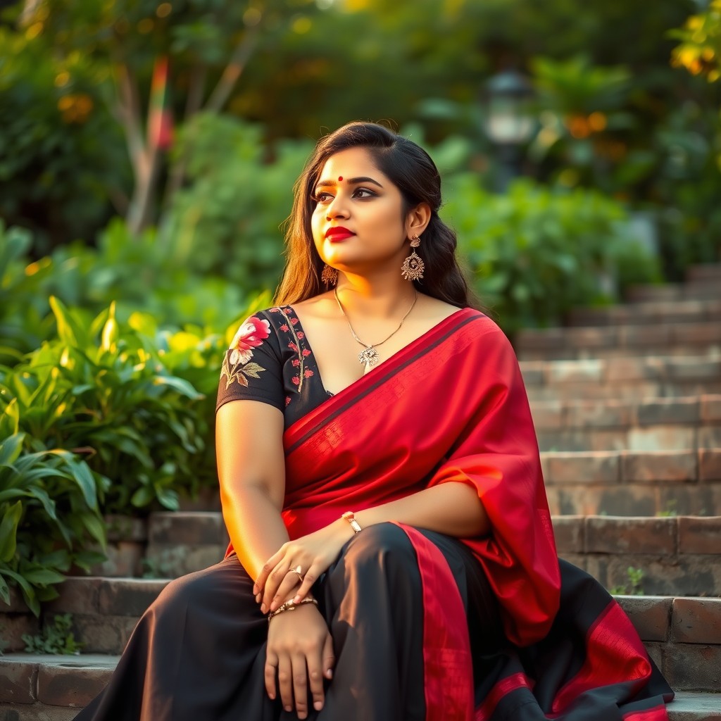 A beautiful curvy Indian woman in her mid-20s, sitting thoughtfully on stone steps in a lush garden at golden hour