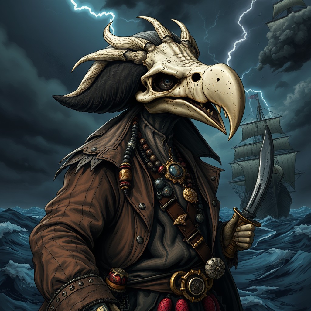 A detailed and captivating illustration of a pirate character with a vulture skull for a head, showcasing intricate bone textures and feather details
