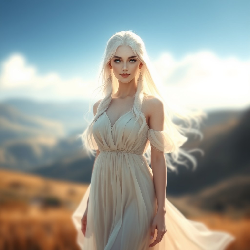 A beautiful white-haired female aasimar with radiant, ethereal features standing gracefully, wearing a flowy, blurred dress that gives a dreamy, soft focus effect