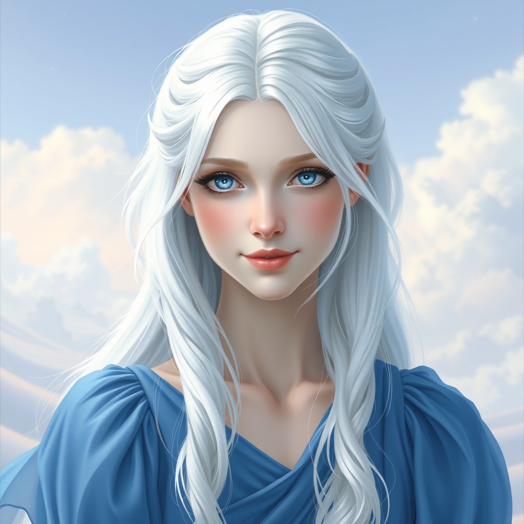 A beautiful white-haired female Aasimar with striking blue eyes