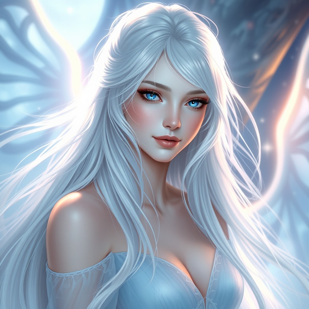 A stunning female aasimar with long, flowing white hair and bright blue eyes