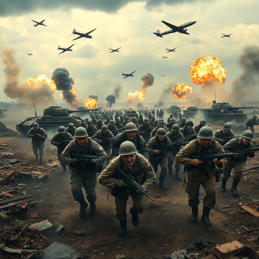 A dramatic scene depicting a fierce World War II battle, showcasing soldiers in action amidst the chaos of war