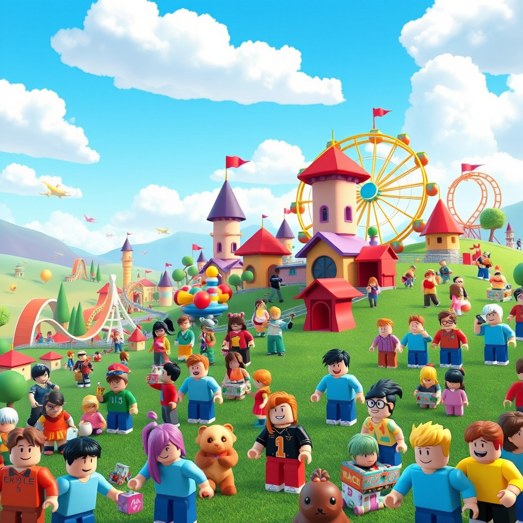 A vibrant and colorful Roblox world filled with creative, blocky avatars of diverse characters engaging in playful activities
