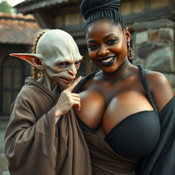 In a medieval village, a very small, elderly female goblin with blonde albinism displays extremely pale skin and a malnourished body
