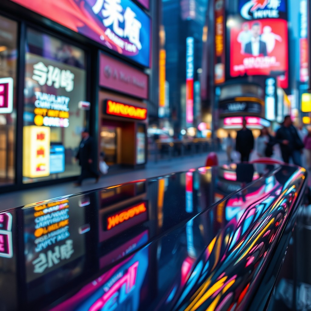 A highly detailed and realistic chrome-like surface reflecting various vibrant urban lights and scenes