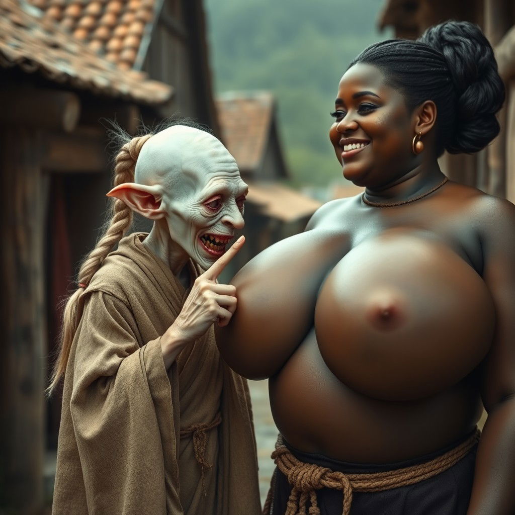 In a medieval village, an image features a tiny, elderly female goblin, characterized as an albino with very pale skin and a malnourished body, showing rotten teeth